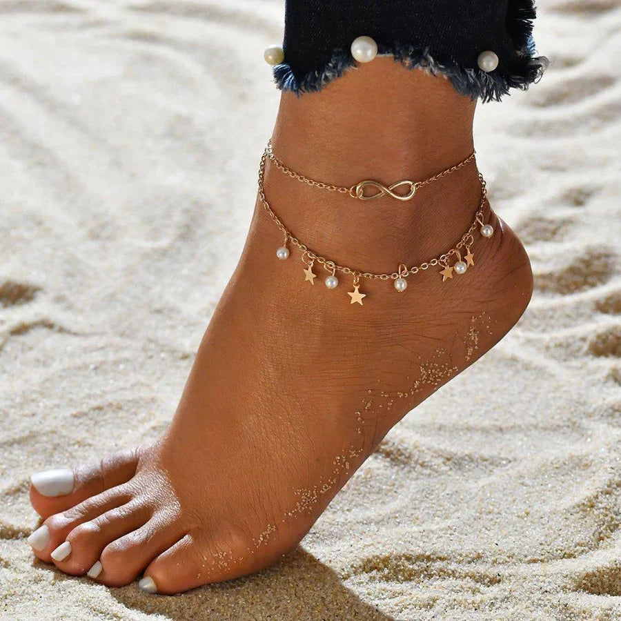 Marina – Infinity Pearls & Stars Gold Anklet